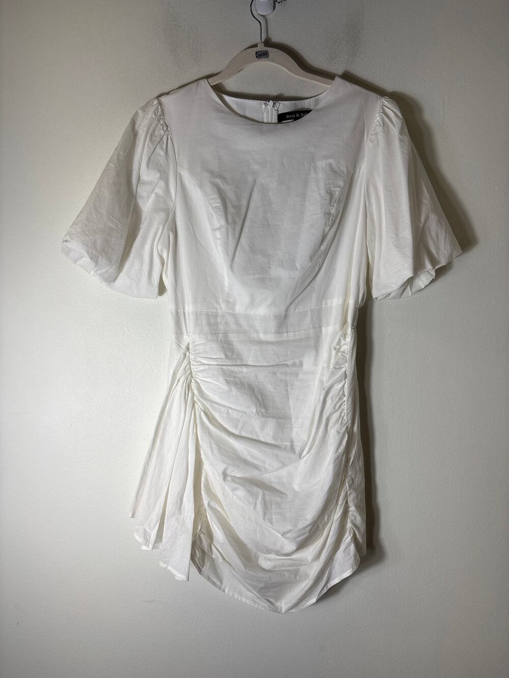 Strut and Bolt White Half puff Sleeve Cotton Ruched Knee Length Dress Sz L